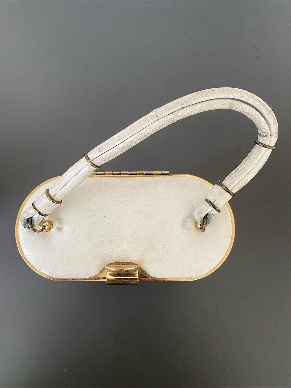 Vintage 1950s ETRA White Leather Gold Cage Box Bag Mid-Century Trunk Purse - Picture 12 of 16